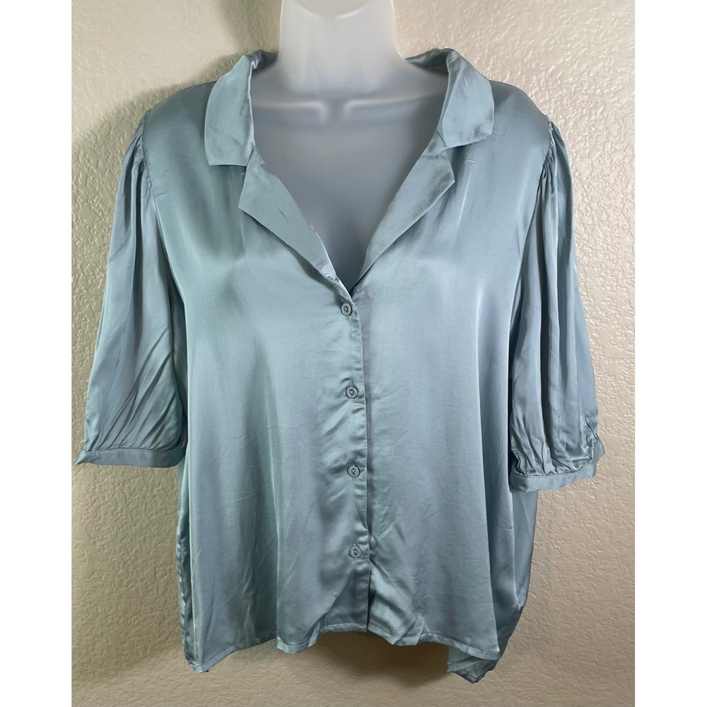 Lulus Womens XL Blouse Blue Satin Short Puff Sleeve Button Up Top Career NEW